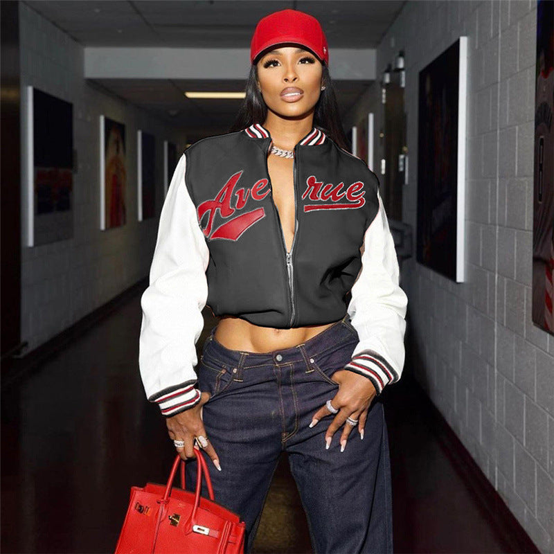 Embroidery Contrast Color Slim Fit Patchwork Jacket Baseball Uniform