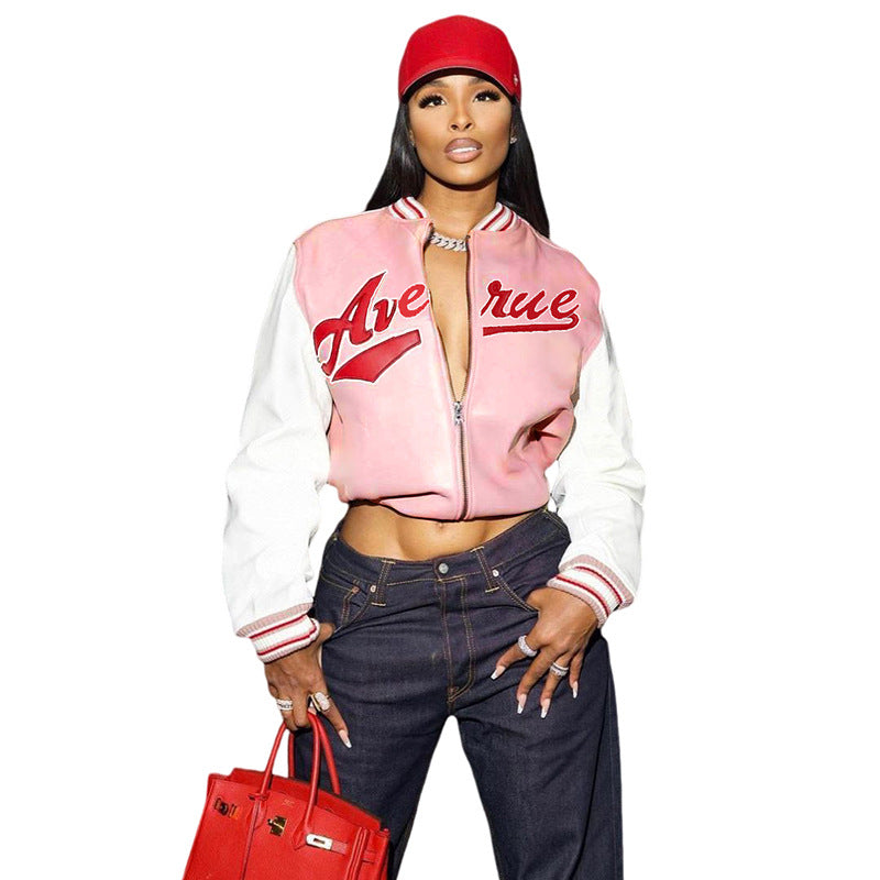 Embroidery Contrast Color Slim Fit Patchwork Jacket Baseball Uniform