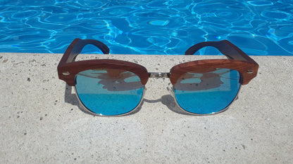 100% Real Brazilian Pear Wood Sunglasses With Ice Blue Lenses and