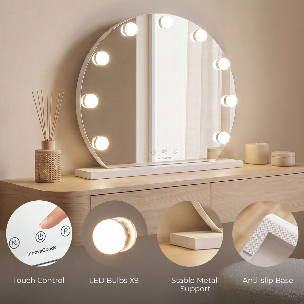 Round Vanity Mirror with LED Hollywood Gloette InnovaGoods 9 Light